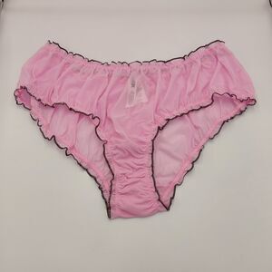 Victoria's Secret PINK Cheeky Panties XXL Pink Sheer Mesh Black Ruffle Trim